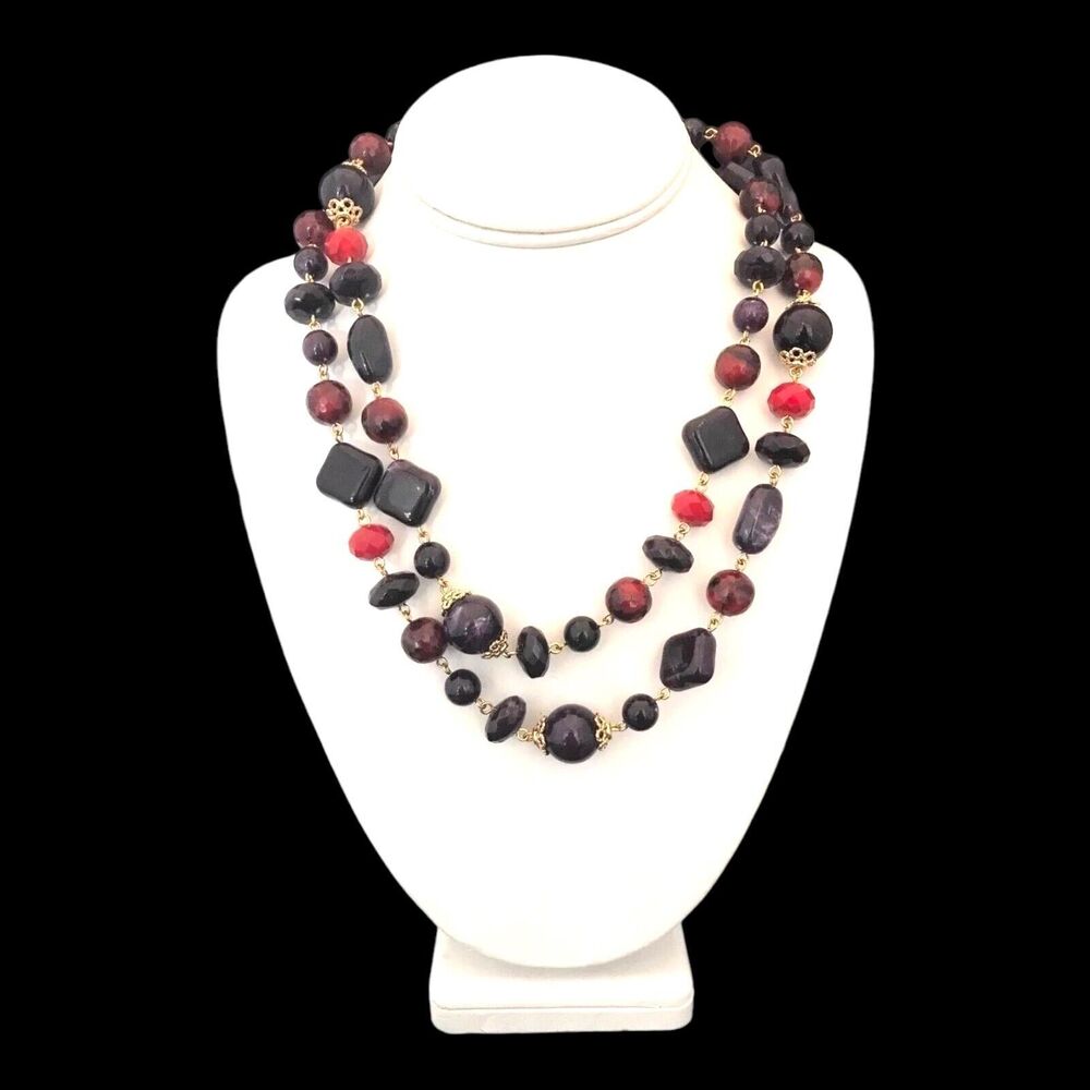 New Long Statement Necklace Purple & Red Beads Gold Tone - 8Z